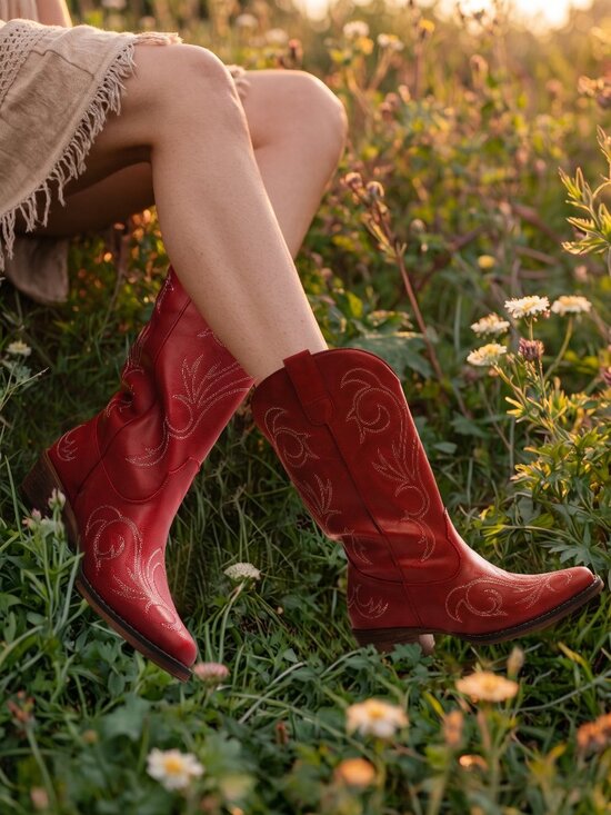 Shoes - Women's Red Embroidered Western Cowgirl Boots Pointed Toe Chunky Heel